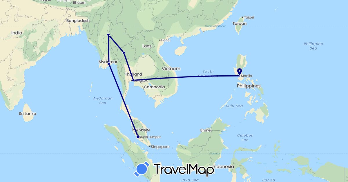 TravelMap itinerary: driving in Myanmar (Burma), Malaysia, Philippines, Thailand (Asia)