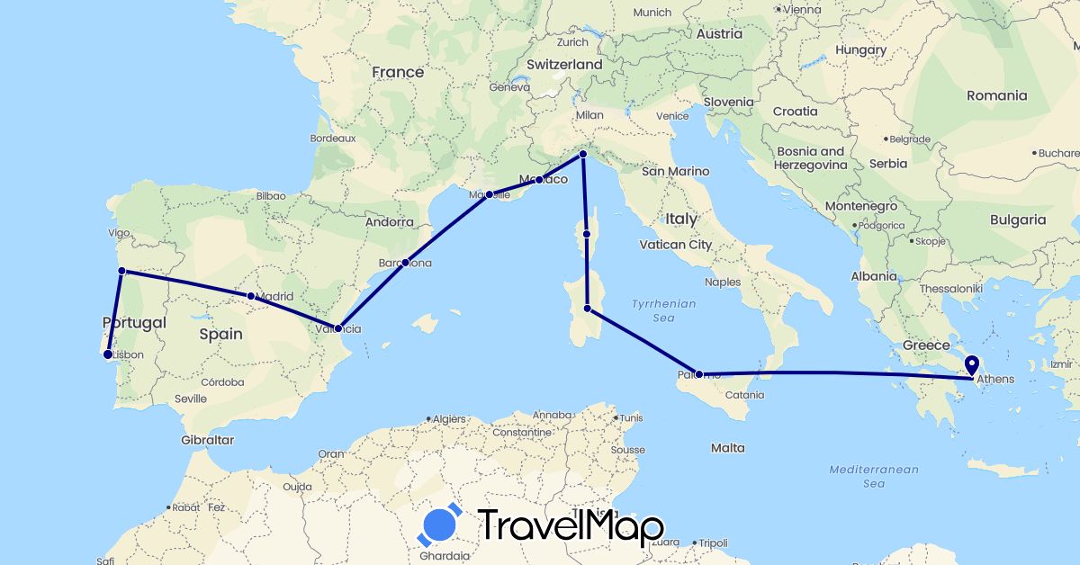 TravelMap itinerary: driving in Spain, France, Greece, Italy, Portugal (Europe)